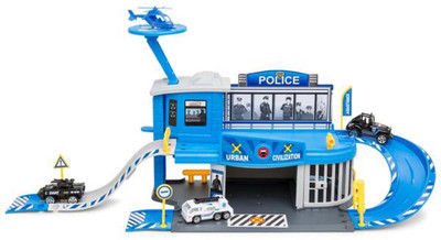 

HALO NATION 54 Pcs DIE CAST Modern Police Station Toy Set Big Size with helicopter and Police Vehicle Bus 1:64 Scale(Blue)