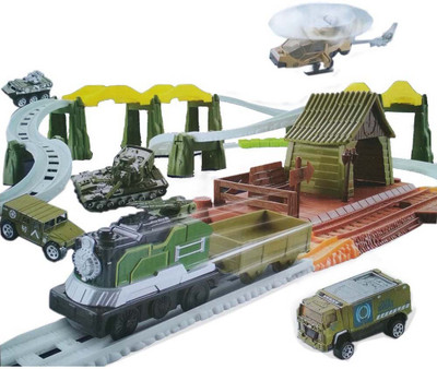 

HALO NATION Military Theme Track Play Set Railroad Tracks w/ Battery Operated Army Train & 7 Military Vehicles(Green)