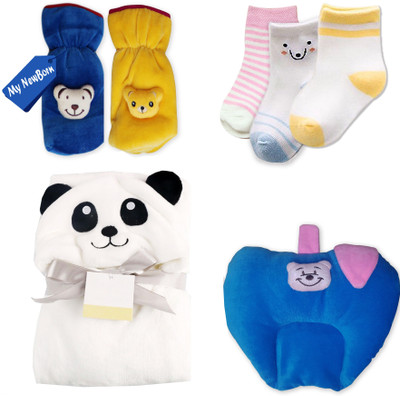 

My New Born Daily Use pack having 1 baby Towel/Wrapper, 2 Feeding Bottle Covers, 1 Mustard Seed Filled Pillow and 3 Pairs of Socks for babies(Multicolor)