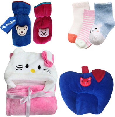 

My New Born Daily Use pack having 1 baby Towel/Wrapper, 2 Feeding Bottle Covers, 1 Mustard Seed Filled Pillow and 3 Pairs of Socks for babies(Multicolor)