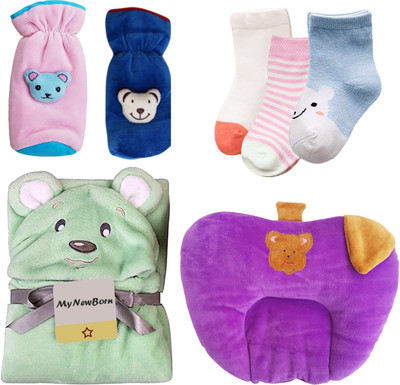 

My New Born Daily Use pack having 1 baby Towel/Wrapper, 2 Feeding Bottle Covers, 1 Mustard Seed Filled Pillow and 3 Pairs of Socks for babies(Multicolor)