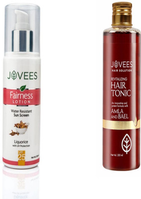 

Jovees Fairness Lotion-Water Resistant Sun Screen-200ml. Revitalizing Hair Tonic-Amla and Bael-200ml.(Set of 2)