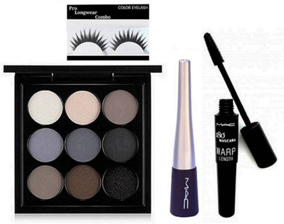 

Pro longwear combo eyelashes ,liquid eyeliner & 180 wrap mascara 9 shades eye shadow palette(Set of 4)
