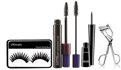 

Ultimate eyelashes & mac haute & naughty waterproof mascara & liquid last eyeliner & eyelashes curler(Set of 4)