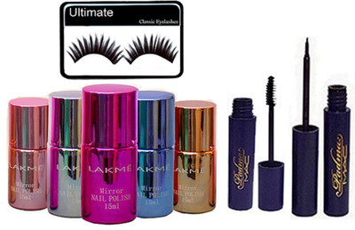 

Ultimate Of Eyelashes, Lakme Waterproof Mirror Nail Polish & Mac Brook Candy Eyeliner & Mascara(Set of 8)