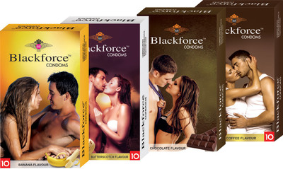 Black Force Combo 4box Banana,chocolate,buttercotch and coffee Flavour Extra dotted Condom (40 Pieces) Condom(Set of 4, 40S)