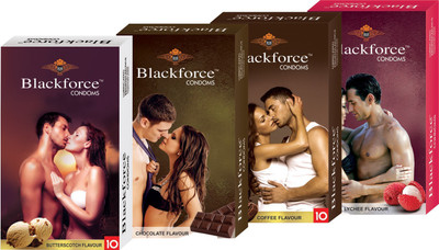 Black Force Combo 4box Buttercotch,coffee,chocolate and lychee Flavour Extra dotted Condom (40 Pieces) Condom(Set of 4, 40S)