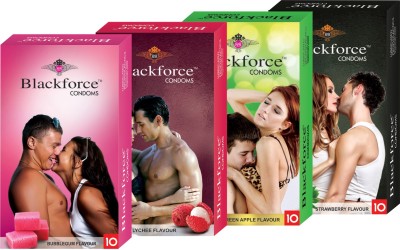 

Black Force Combo 4box Bubblgum,lychee,green apple and Strawberry Flavour Extra dotted Condom (40 Pieces) Condom(Set of 4, 40S)