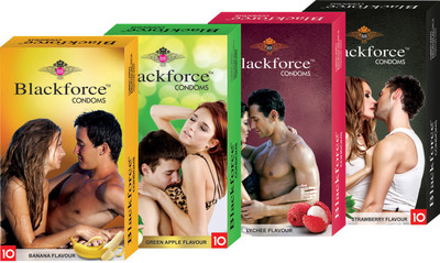 

Blackforce Combo 4box Banana,lychee,green apple and Strawberry Flavour Extra dotted Condom (40 Pieces) Condom(Set of 4, 40S)