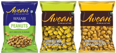 

Avean Flavored Peanuts :: Wasabi, Lemon Pepper, Honey Roasted Peanuts :: Combo Pack of 3(300 g, Pack of 3)