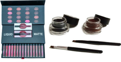 

Huda Beauty COMBO OF 16 NEW SHADES MATTE LIPGLOSS WITH MAC LONG LASTING GEL EYELINER (BLACK & BROWN)(Set of 18)