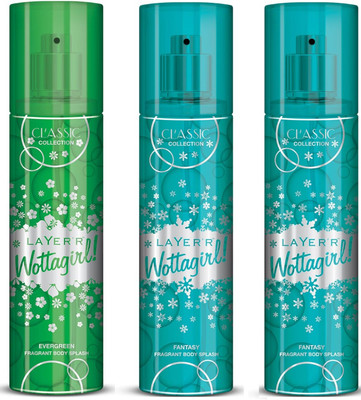 

LAYER SHOT WOTTAGIRL FANTASY,EVERGREEN Deodorant Spray - For Women(405 ml, Pack of 3)