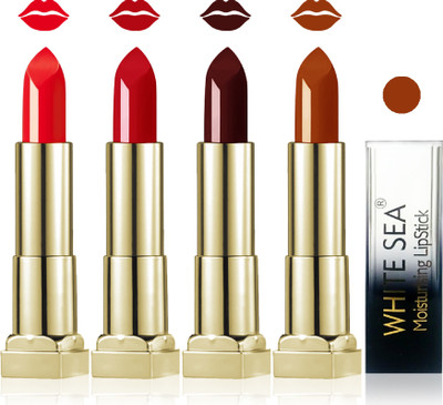 

white sea cosmetics makeup velvet glossy lipstick enriched with vitamin E fashion color combo set of 4(golden brown hot chocolate red orange)