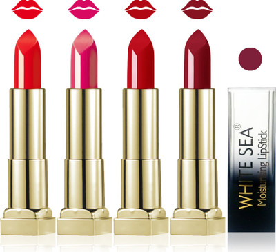 

white sea cosmetics makeup velvet glossy lipstick enriched with vitamin E fashion color combo set of 4(red maroon carrat orange)
