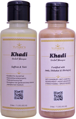 

Yuthee's Khadi Herbal Saffron Tulsi Shampoo and Khadi Herbal Amla, Shikakai and Bhringraj Shampoo (210 ml Each)(420 ml)