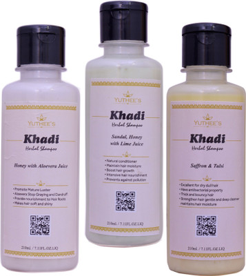 

Yuthee's Khadi Herbal Honey with Aloevera Juice Shampoo, Khadi Herbal Sandal, Honey with Lime Juice and Khadi Herbal Saffron and Tulsi Shampoo, Pack Of 3 (210 ml Each)(630 ml)
