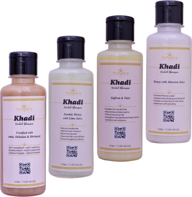 

Yuthee's Khadi Herbal Amla, Shikakai and Bhringraj Shampoo, Khadi Herbal Sandal, Honey with Lime Juice, Khadi Herbal Saffron and Tulsi, Khadi Herbal Honey with Aloevera Juice (210ml Each)(840 ml)