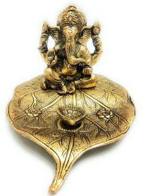 KridayKraft Prince Home Decor & Gifts Metal Ganesh Gold Polish Leaf For Home Décor and Gift Purpose(12 x12 x 8 cm) Decorative Showpiece  -  14 cm(Crystal, Gold)