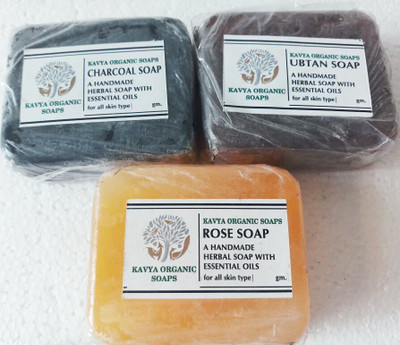 

kavya Organic Soap Three Types of Organic Soap Pack(1) Charcoal Soap ,(2) Ubtan Soap (3)Rose soap(100 g, Pack of 3)