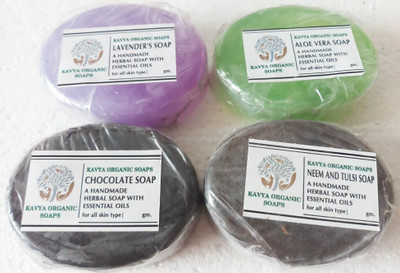 

Kavya Organic Soap Four Types of Organic Soap Pack(1)Lavender's Soap ,(2) Aloe vera Soap (3)Chocolate soap (4)Neem and Tulsi Soap.(80 g, Pack of 4)