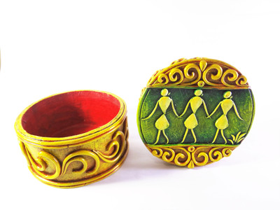 

STE Tribal Painting round Box/Jewelelry box/vanity box Paper Mache Craft jewellery box, decorative box Vanity Box(Yellow)