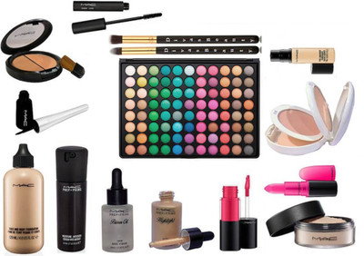 

divas beauty Makeup brush 2pcs& Mac professional eyeshadow palette 88 shades with mac zoom lash mascara and mac liquid black eyeliner, Mac face and Body foundation,mac prep+prime moisture infusion serum with Prep+Prime skin base visage primer oil and high
