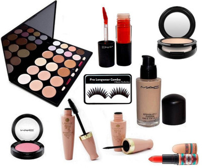 

Pro longwear combo Eyelashes, 20 Shade Concealer Palette (L20), Lakme 9 To 5 Eyeliner & Mascara, Mac Folly Red Shade Lipgloss, Studio Fix Face Powder Compact, One Shade Blusher Compact, Hyper Real SPF 15 Foundation & Folly Red Lipstick(Set of 9)