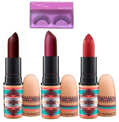 

Pro longwear combo Eyelashes, Mac Vibe Tribe Lipstick Matte Finish 9 gm (Pack of 3)(Set of 4)