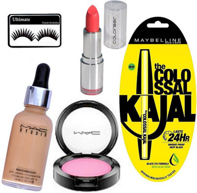 

Ultimate Eyelashes&Mac Studio Waterweight Spf Foundation&Pink Shade Blusher&ColrBar Lipistick&Colossal Kajal(Set of 5)