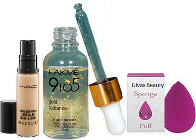 

divas beauty sponge puff & mac pro longwear liquid concealer & 9 to 5 gold radiance face serum(Set of 3)