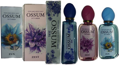 

OSSUM ZEAL BODY PERFUME MIST + FUN BODY PERFUME MIST + ZEST BODY PERFUME MIST ( 115×3 Pack Of 3) Deodorant Spray - For Men & Women(345 ml, Pack of 3)