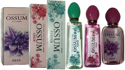 

OSSUM ZEST BODY PERFUME MIST + CHEER BODY PERFUME MIST + PAMPER BODY PERFUME MIST ( 115×3 Pack Of 3 ) Body Mist - For Men & Women(345 ml, Pack of 3)