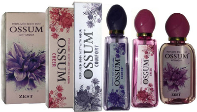 

OSSUM ZEST BODY PERFUME MIST + CHEER BODY PERFUME MIST + COMFORT BODY PERFUME MIST ( 115×3 Pack Of 3 ) Body Mist - For Men & Women(345 ml, Pack of 3)
