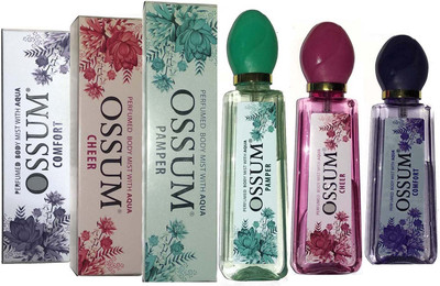 

OSSUM PAMPER BODY PERFUME MIST + CHEER BODY PERFUME MIST + COMFORT BODY PERFUME MIST ( 115×3 Pack Of 3 ) Deodorant Spray - For Men & Women(345 ml, Pack of 3)