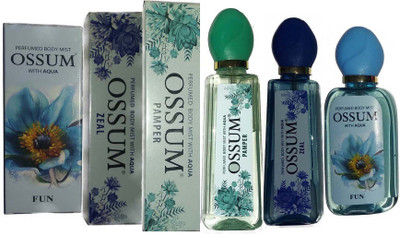 

OSSUM ZEAL BODY PERFUME MIST + FUN BODY PERFUME MIST + CHEER BODY PERFUME MIST ( 115×3 Pack Of 3 ) Deodorant Spray - For Men & Women(345 ml, Pack of 3)