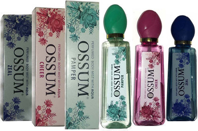 

OSSUM ZEAL BODY PERFUME MIST + CHEER BODY PERFUME MIST + PAMPER BODY PERFUME MIST ( 115×3 Pack Of 3 ) Body Mist - For Men & Women(345 ml, Pack of 3)