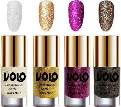 

Volo Professionally Used Glitter Shine Nail Paint Combo Pack of 4 White Nail Art And Glitter, Golden Glitter, Purple Glitter, Dark Grey Glitter(Pack of 4)
