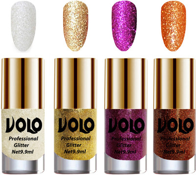 

Volo Professionally Used Glitter Shine Nail Paint Combo Pack of 4 White Nail Art And Glitter, Golden Glitter, Purple Glitter, Light Orange Glitter(Pack of 4)