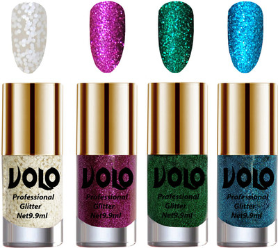 

Volo Professionally Used Glitter Shine Nail Paint Combo Pack of 4 White Nail Art And Glitter, Purple Glitter, Dark Green Glitter, Sky Blue Glitter(Pack of 4)