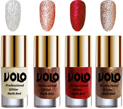 

Volo Professionally Used Glitter Shine Nail Paint Combo Pack of 4 White Nail Art And Glitter, Peach Glitter, Red Glitter, Light Golden Glitter(Pack of 4)