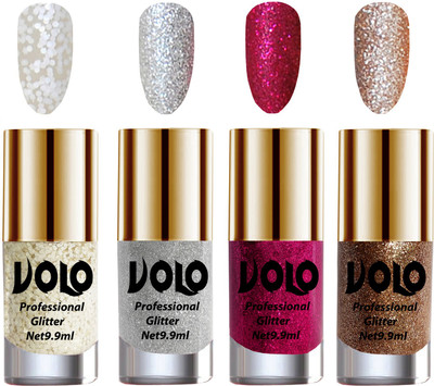 

Volo Professionally Used Glitter Shine Nail Paint Combo Pack of 4 White Nail Art And Glitter, Silver Glitter, Magenta Glitter, Light Golden Glitter(Pack of 4)