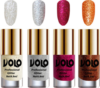 

Volo 4 nail polish White Nail Art And Glitter, Silver Glitter, Magenta Glitter, Light Orange Glitter(Pack of 4)