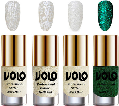 

Volo Professionally Used Glitter Shine Nail Paint Combo Pack of 4 White Nail Art And Glitter, Magenta Glitter, Golden Glitter, Dark Green Glitter(Pack of 4)