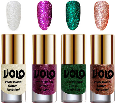 

Volo 4 nail polish White Nail Art And Glitter, Purple Glitter, Dark Green Glitter, Peach Glitter(Pack of 4)