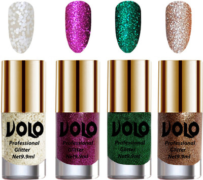 

Volo Professionally Used Glitter Shine Nail Paint Combo Pack of 4 White Nail Art And Glitter, Purple Glitter, Dark Green Glitter, Light Golden Glitter(Pack of 4)