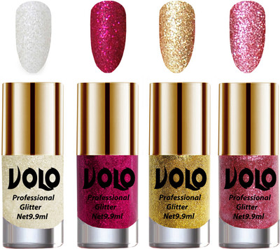 

Volo Professionally Used Glitter Shine Nail Paint Combo Pack of 4 White Nail Art And Glitter, Magenta Glitter, Golden Glitter, Pink Glitter(Pack of 4)