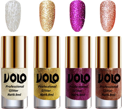 

Volo Professionally Used Glitter Shine Nail Paint Combo Pack of 4 White Nail Art And Glitter, Golden Glitter, Purple Glitter, Peach Glitter(Pack of 4)
