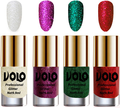

Volo Professionally Used Glitter Shine Nail Paint Combo Pack of 4 White Nail Art And Glitter, Purple Glitter, Dark Green Glitter, Red Glitter(Pack of 4)