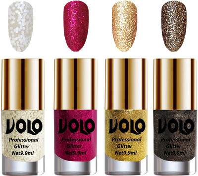 

Volo Professionally Used Glitter Shine Nail Paint Combo Pack of 4 White Nail Art And Glitter, Magenta Glitter, Golden Glitter, Dark Grey Glitter(Pack of 4)