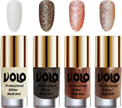 

Volo Professionally Used Glitter Shine Nail Paint Combo Pack of 4 White Nail Art And Glitter, Dark Grey Glitter, Peach Glitter, Light Golden Glitter(Pack of 4)